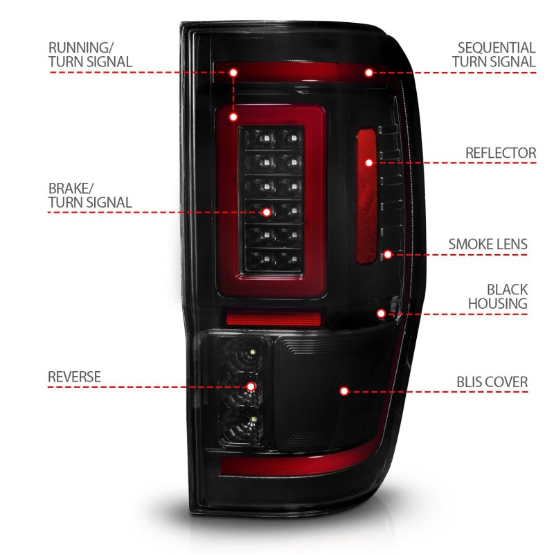 ANZO 19-22 Ford Ranger Full LED Taillights w/ Lightbar Sequential Signal Black Housing/Smoke Lens - Burkken Auto Parts