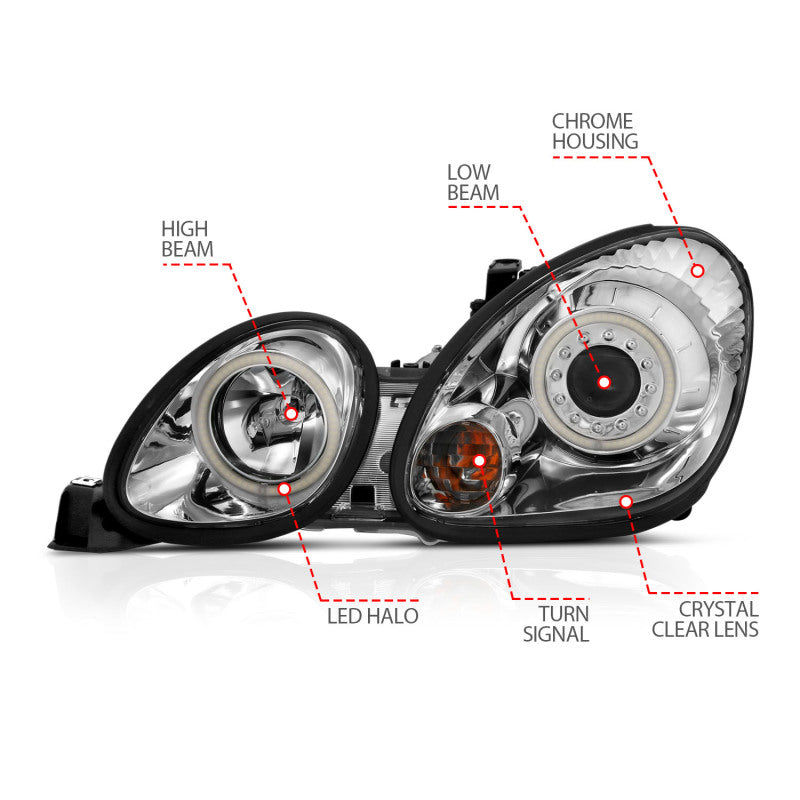 ANZO 1998-2005 Lexus Gs300 Projector Headlights w/ Halo Chrome - Burkken Auto Parts