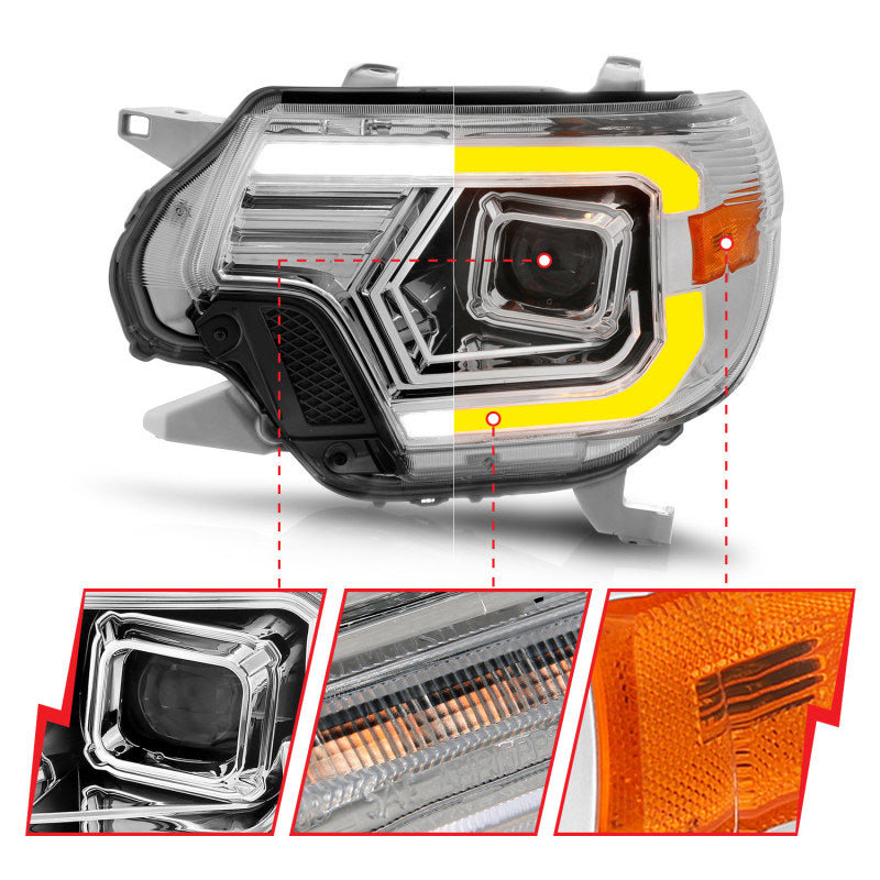 ANZO 12-15 Toyota Tacoma Projector Headlights - w/ Light Bar Switchback Chrome Housing - Burkken Auto Parts