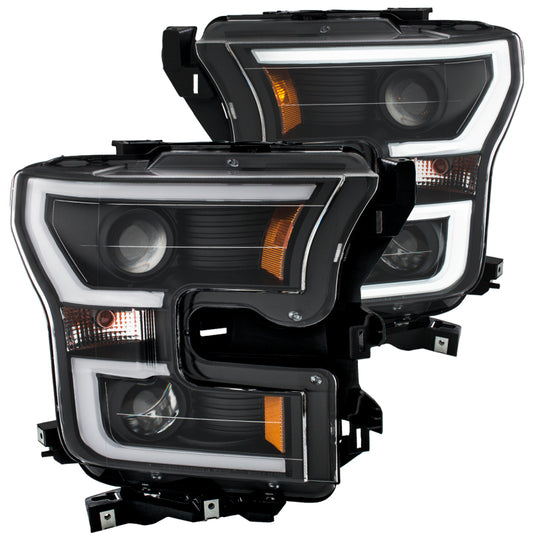 ANZO 2015-2016 Ford F-150 Projector Headlights w/ Plank Style Design Black w/ Amber - Burkken Auto Parts