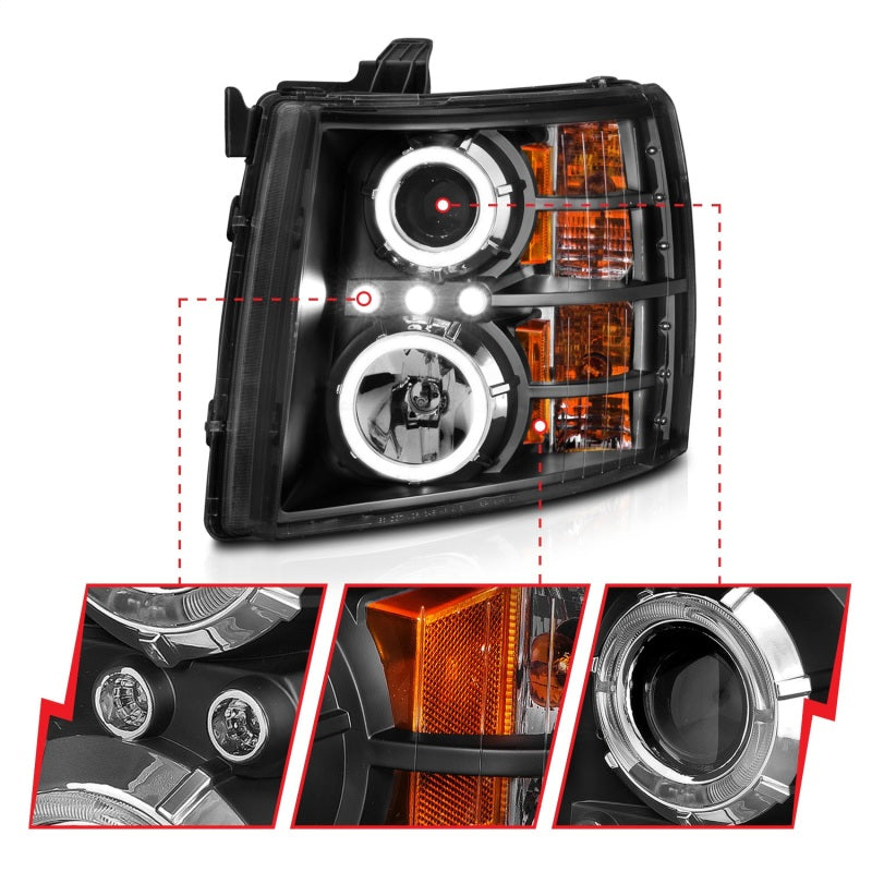ANZO 2007-2013 Chevrolet Silverado 1500 Projector Headlights w/ Halo Black - Burkken Auto Parts