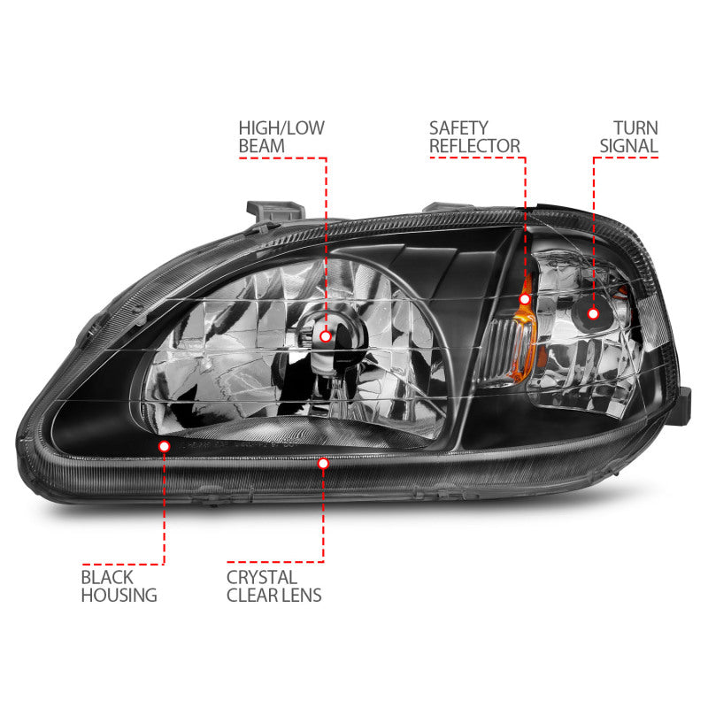 ANZO 1999-2000 Honda Civic Crystal Headlights Black - Burkken Auto Parts