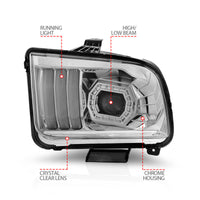 ANZO 05-09 Ford Mustang (w/Factory Halogen HL Only) Projector Headlights w/Light Bar Chrome Housing - Burkken Auto Parts