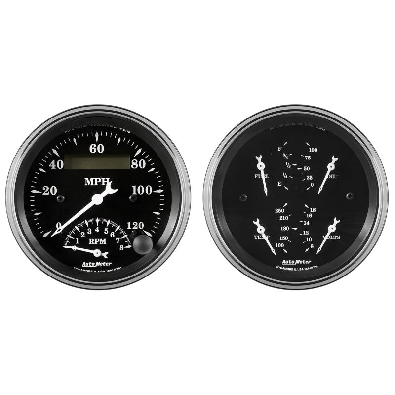 Auto Meter Gauge Kit 2 pc. Quad & Tach/Speedo 3 3/8in Old Tyme Black - Burkken Auto Parts