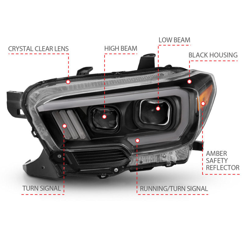 ANZO 2016-2017 Toyota Tacoma Projector Headlights w/ Plank Style Switchback Black w/ Amber w/ DRL - Burkken Auto Parts