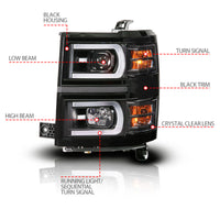 ANZO 14-15 Chevy Silverado 1500 Black Dual Switchback+Sequential LED Tube Sq. Projector Headlights - Burkken Auto Parts