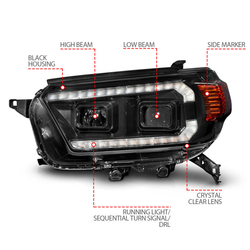 ANZO 10-13 Toyota 4Runner Projector Headlights - Black - Burkken Auto Parts