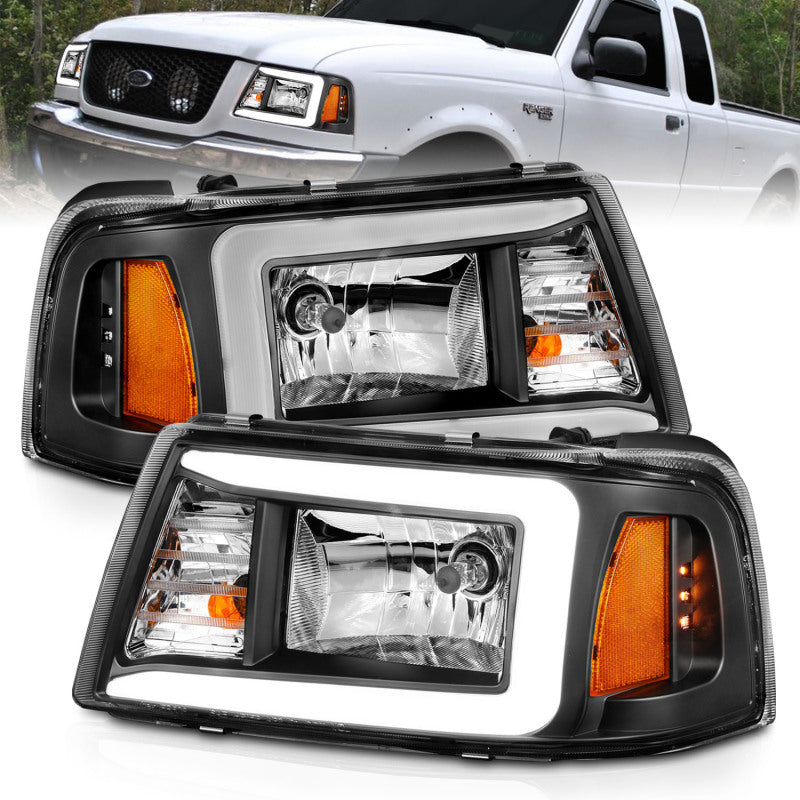 ANZO 2001-2011 Ford Ranger Crystal Headlights w/ Light Bar Black Housing - Burkken Auto Parts