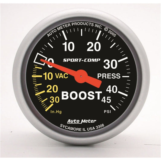 Autometer Sport-Comp 52mm 45 PSI Mechanical Boost Gauge - Burkken Auto Parts