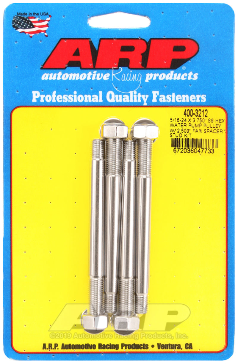 ARP 5/16-24 X 3.750 SS Hex Water Pump Pulley w/ 2.500in Fan Spacer Stud Kit - Burkken Auto Parts