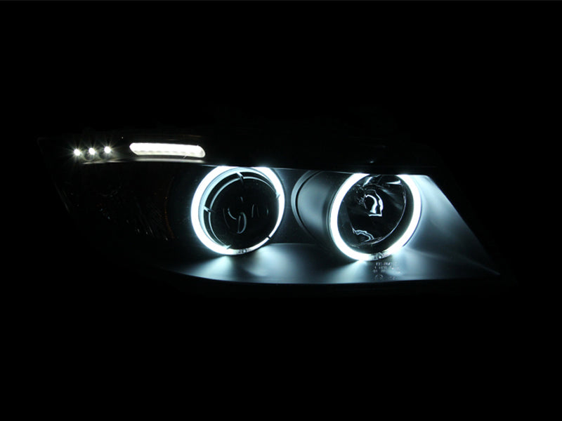 ANZO 2006-2008 BMW 3 Series E90-E91 Projector Headlights w/ Halo w/ LED Bar Black (CCFL) - Burkken Auto Parts