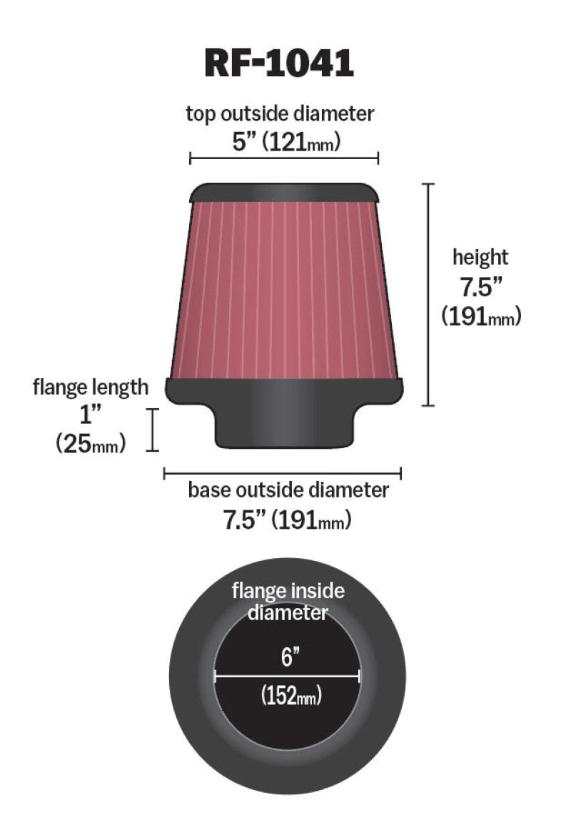 K&N Round Tapered Universal Air Filter 6 inch Flange 7 1/2 inch Base 5 inch Top 7 1/2 inch Height - Burkken Auto Parts