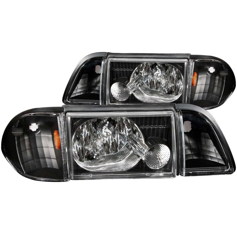 ANZO 1987-1993 Ford Mustang Crystal Headlights Black w/ Corner Lights 3pc - Burkken Auto Parts