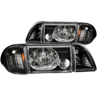 ANZO 1987-1993 Ford Mustang Crystal Headlights Black w/ Corner Lights 3pc - Burkken Auto Parts