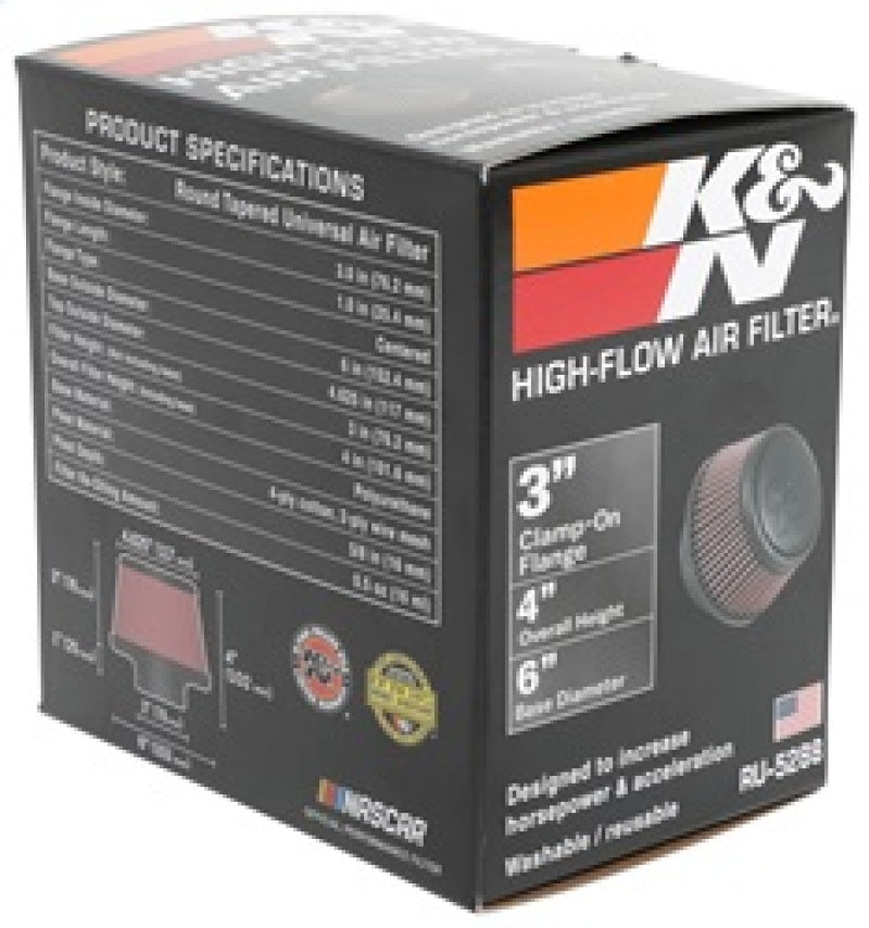 K&N Universal Round Clamp-On Air Filter 3in Flange ID x 6in Base OD x 4.625in Top OD x 3in Height - Burkken Auto Parts