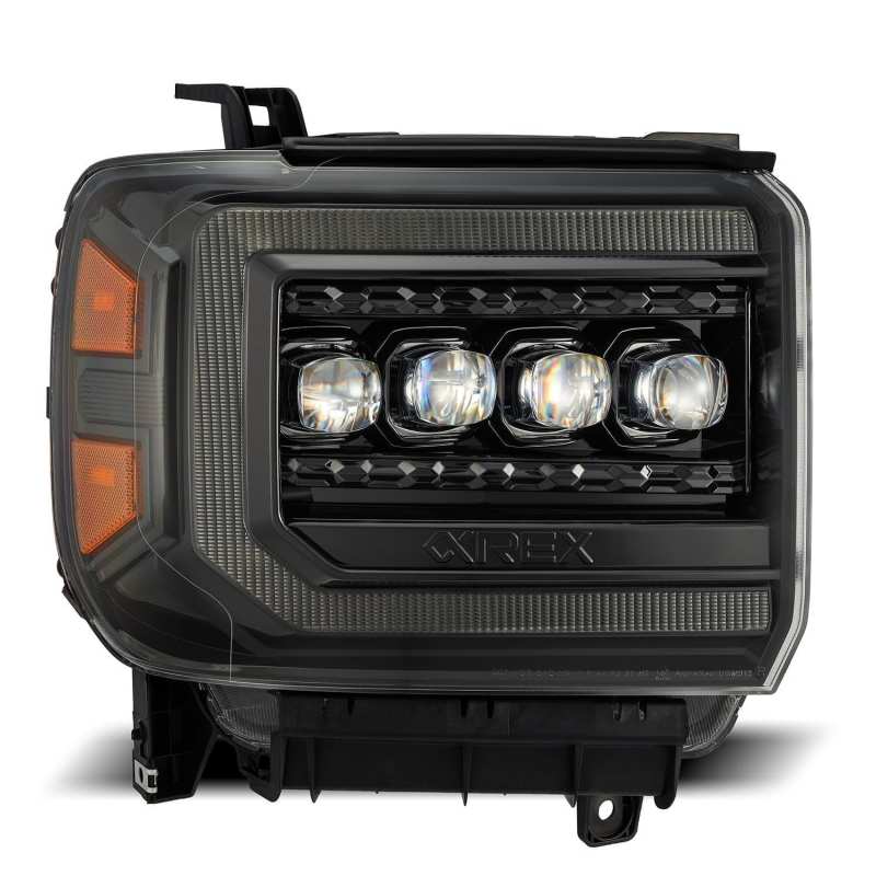 AlphaRex 14-18 GMC Sierra NOVA LED Proj Headlights Plnk Style Alpha Blk w/Activ Light/Seq Signal/DRL - Burkken Auto Parts
