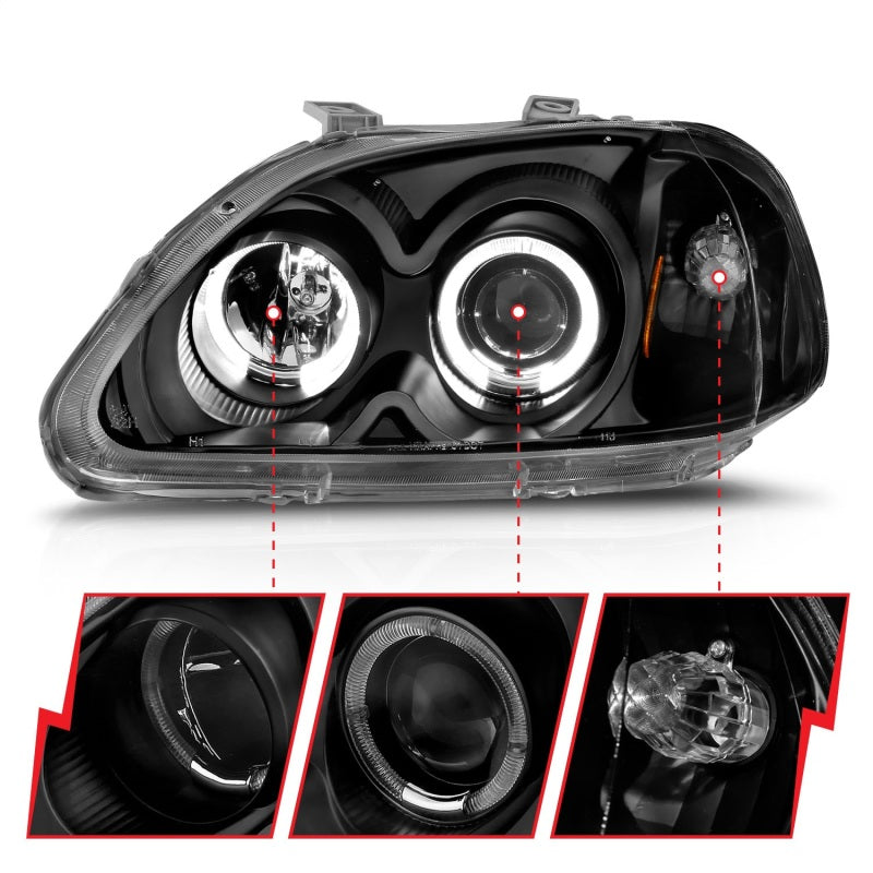 ANZO 1996-1998 Honda Civic Projector Headlights w/ Halo Black - Burkken Auto Parts