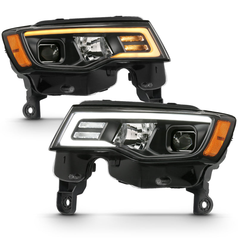ANZO 2017-2018 Jeep Grand Cherokee Projector Headlights w/ Plank Style Switchback - Black w/ Amber - Burkken Auto Parts