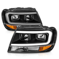 ANZO 99-04 Jeep Grand Cherokee Crystal Headlights - w/ Light Bar Black Housing - Burkken Auto Parts