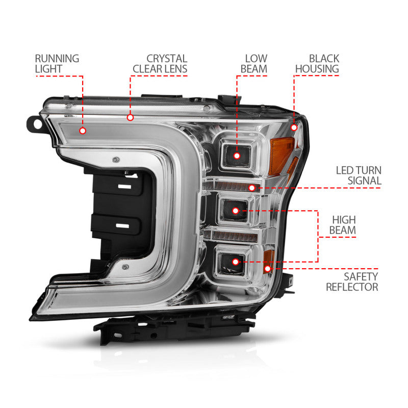 ANZO 18-20 Ford F-150 Full Led Projector Light Bar Style Headlights - Chrome Amber - Burkken Auto Parts