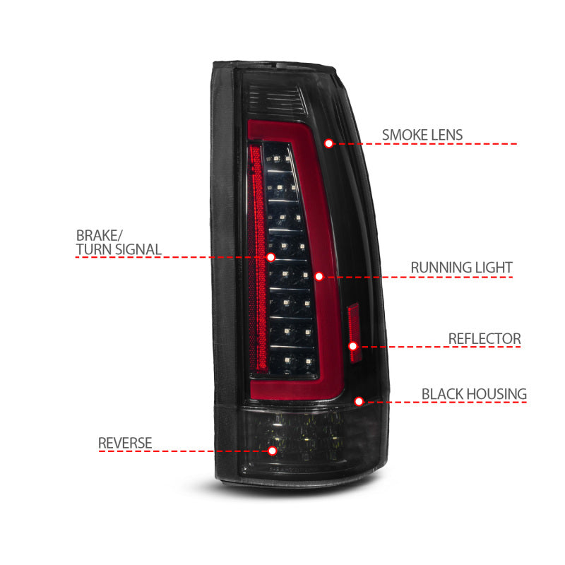 ANZO 88-99 Chevy/GMC C/K1500/2500/3500 Full LED Light Tube Taillights Black Housing Smoke Lens - Burkken Auto Parts