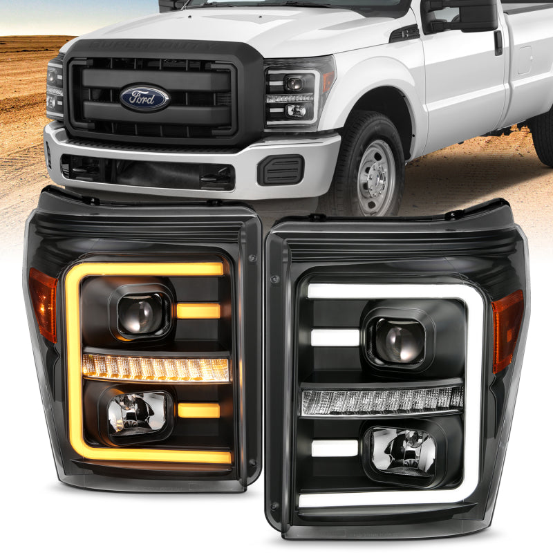 ANZO 2011-2016 Ford F250 Projector Headlights w/ Plank Style Switchback Black w/ Amber - Burkken Auto Parts