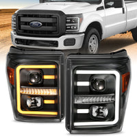 ANZO 2011-2016 Ford F250 Projector Headlights w/ Plank Style Switchback Black w/ Amber - Burkken Auto Parts