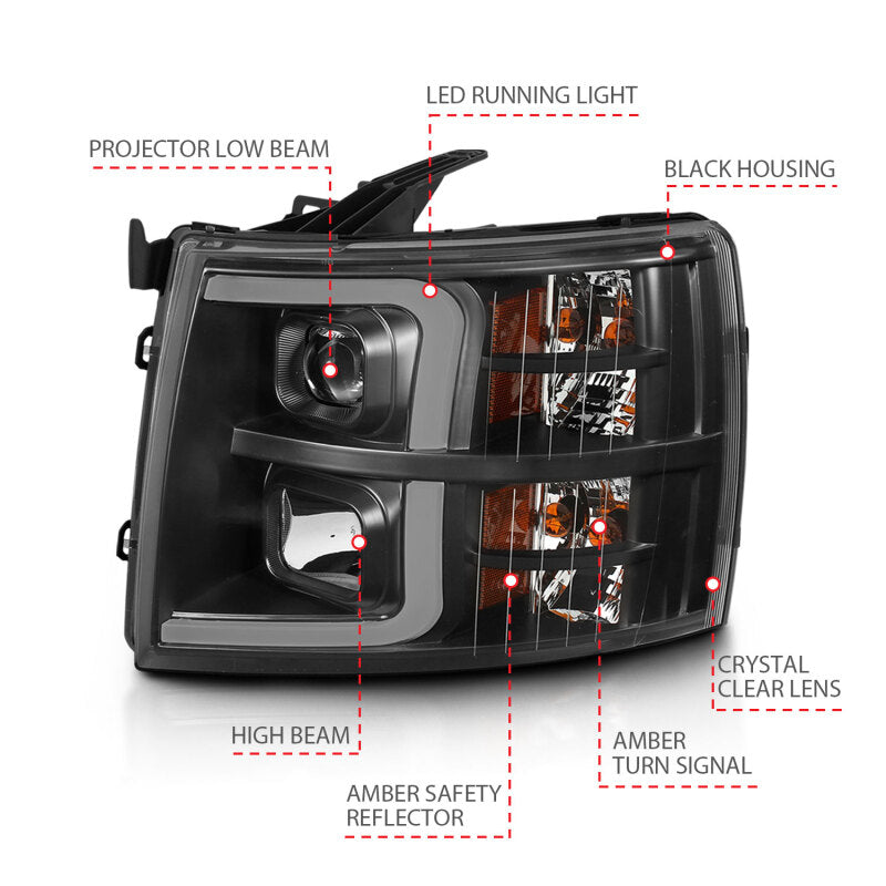 ANZO 07-13 Chevrolet Silverado 3500 Projector Headlights - Black Amber - Burkken Auto Parts