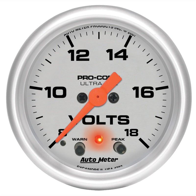 Autometer Ultra-Lite 52mm Voltmeter 18V Digital Stepper Motor w/ Peak and Warning - Burkken Auto Parts