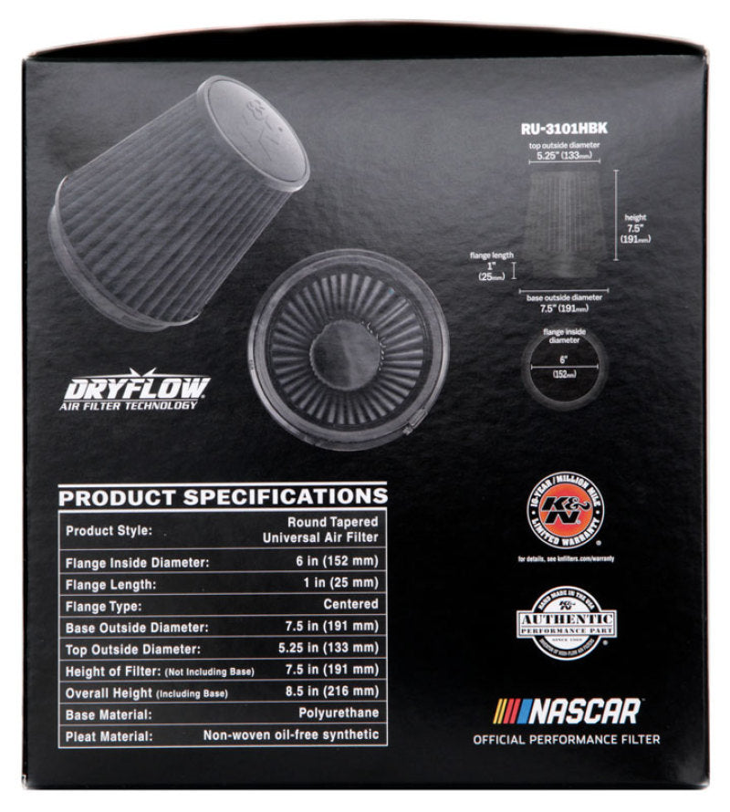K&N Universal Rubber Filter Round Tapered 6in Flange ID x 7.5in Base OD x 5.25in Top OD x 8in Height - Burkken Auto Parts