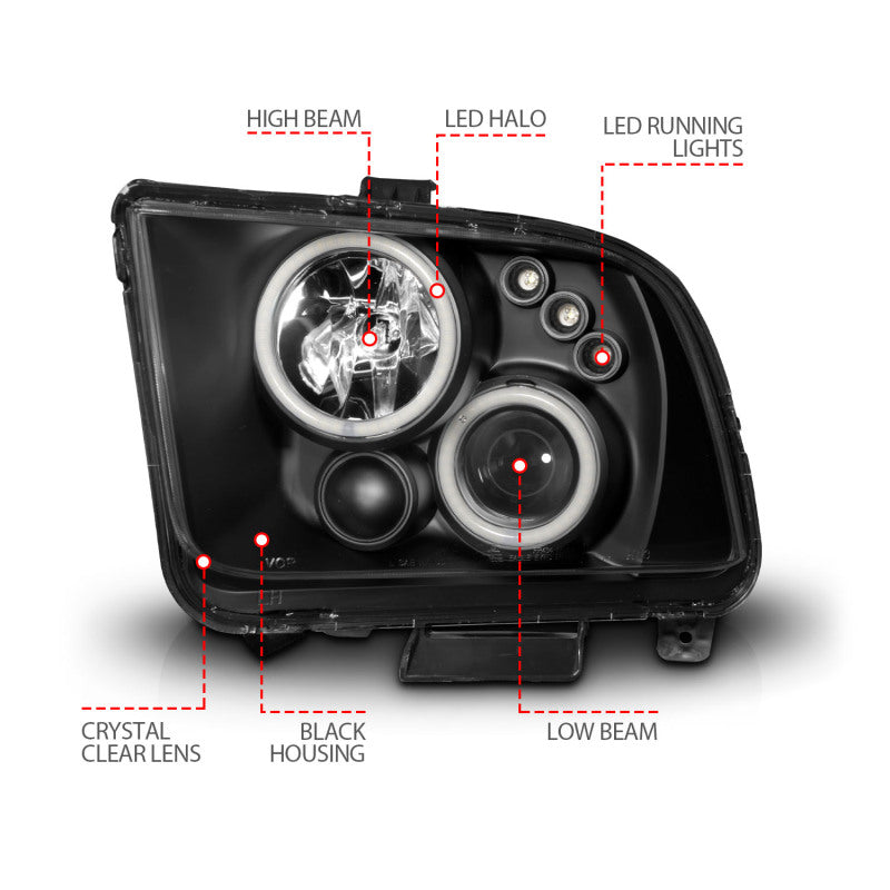 ANZO 2005-2009 Ford Mustang Projector Headlights w/ Halo Black - Burkken Auto Parts