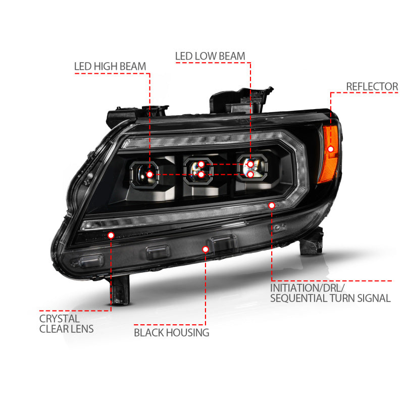 ANZO 15-22 Chevy Colorado Blk Housing Full LED DRL Projector Headlight w/ Sequential Light Bar - Burkken Auto Parts