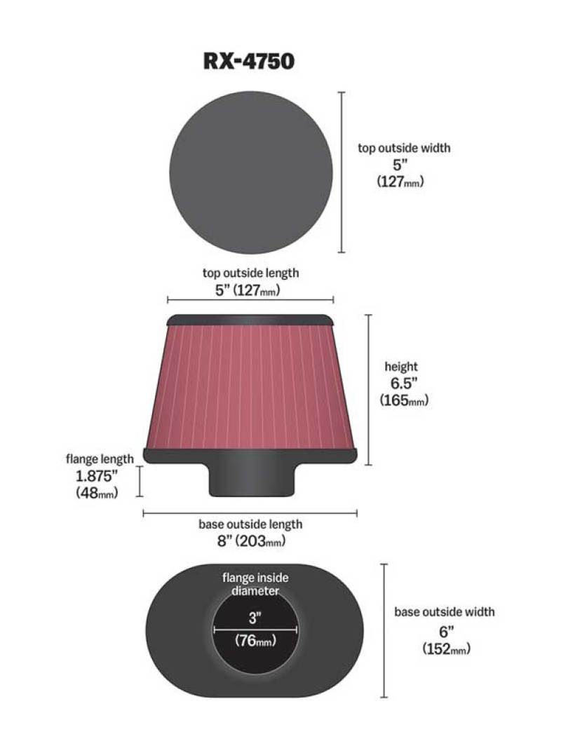 K&N Filter Universal X Stream Clamp-On 3in Flange ID 6inx8in Base 5inx5in Top 6.5in Height - Burkken Auto Parts