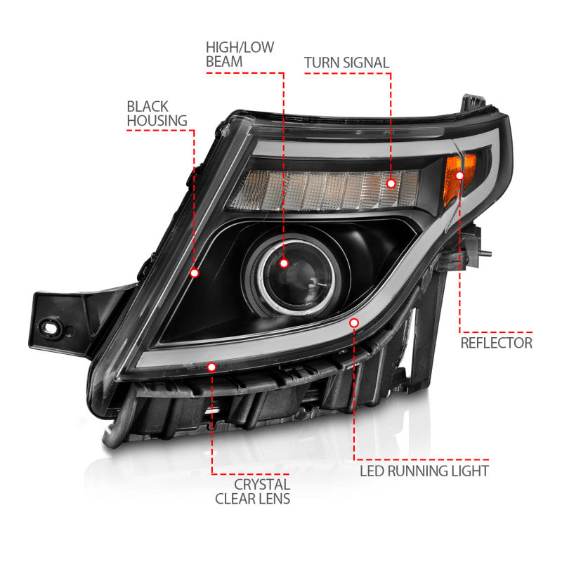 ANZO 11-15 Ford Explorer (w/Factory Halogen HL Only) Projector Headlights w/Light Bar Black Housing - Burkken Auto Parts