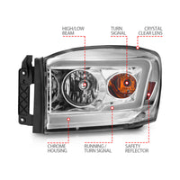 ANZO 06-09 Dodge RAM 1500/2500/3500 Headlights Chrome Housing/Clear Lens (w/ Light Bars) - Burkken Auto Parts