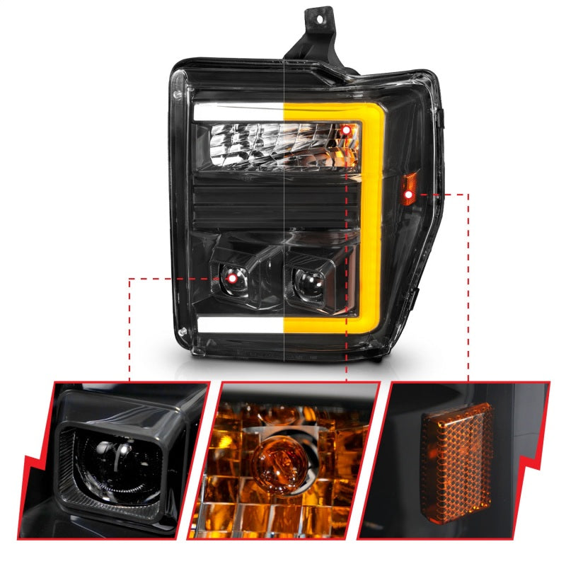 ANZO 08-10 Ford F-250 - F-550 Super Duty Projector Headlights w/ Light Bar Switchback Black Housing - Burkken Auto Parts