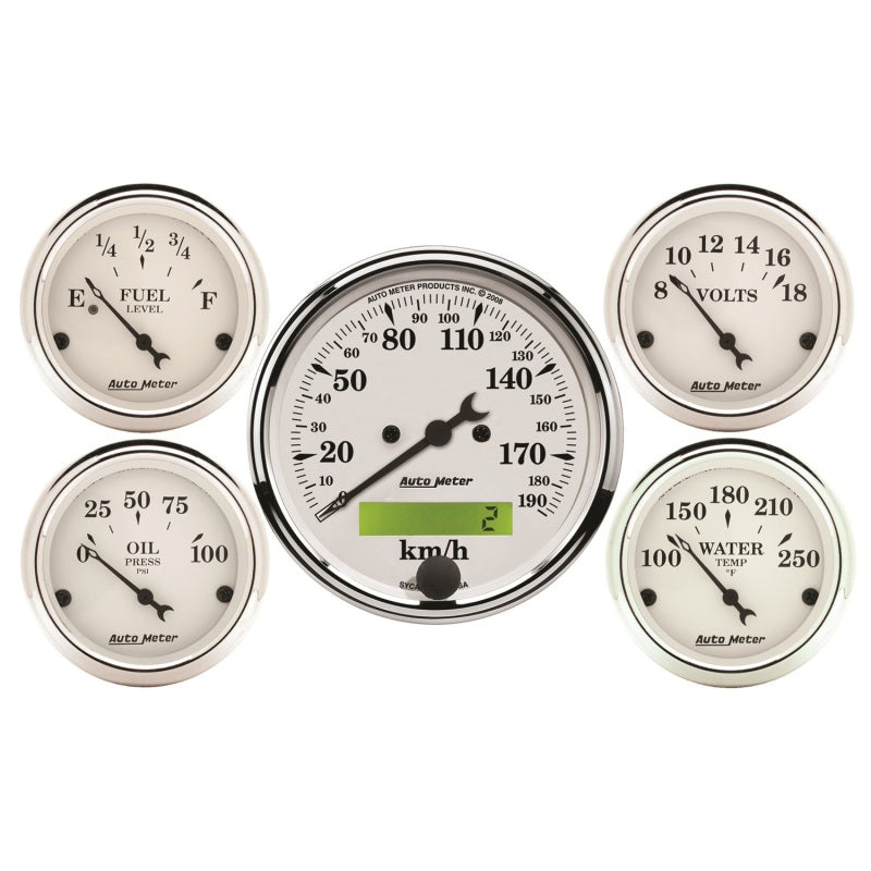Autometer Old Tyme White 5 Pc Kit-Elec Speed(Km/H)/Elec Oil Press/Water Temp/Volt/Fuel Level - Burkken Auto Parts
