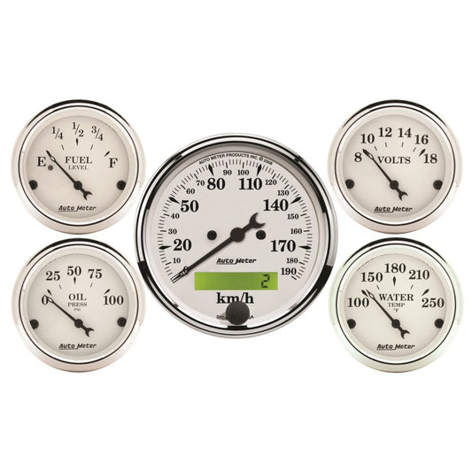 Autometer Old Tyme White 5 Pc Kit-Elec Speed(Km/H)/Elec Oil Press/Water Temp/Volt/Fuel Level - Burkken Auto Parts