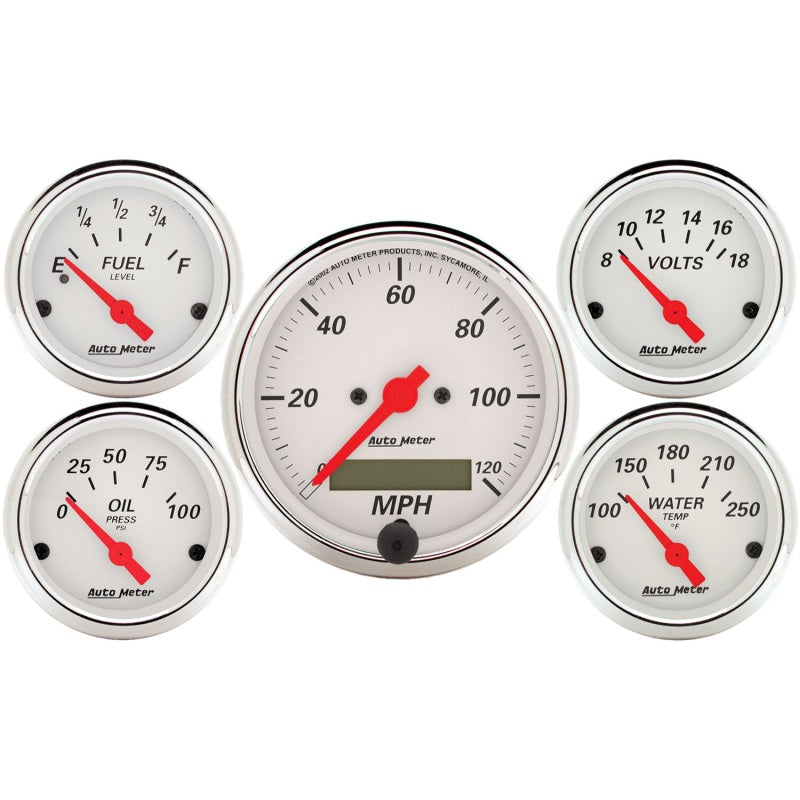 Autometer Arctic White 5 Pc Kit Box w/ Elec Speedo, Elec Oil Press, Water Temp, Volt, Fuel Level - Burkken Auto Parts