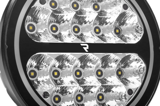 Go Rhino Xplor Blackout Series Round LED Driving Light w/DRL (Surface/Threaded Stud Mnt) 7in. - Blk