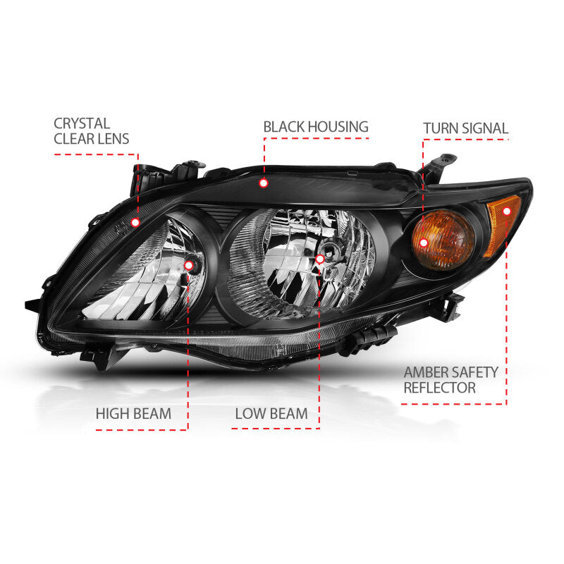 ANZO 2009-2010 Toyota Corolla Crystal Headlight Black Amber - Burkken Auto Parts