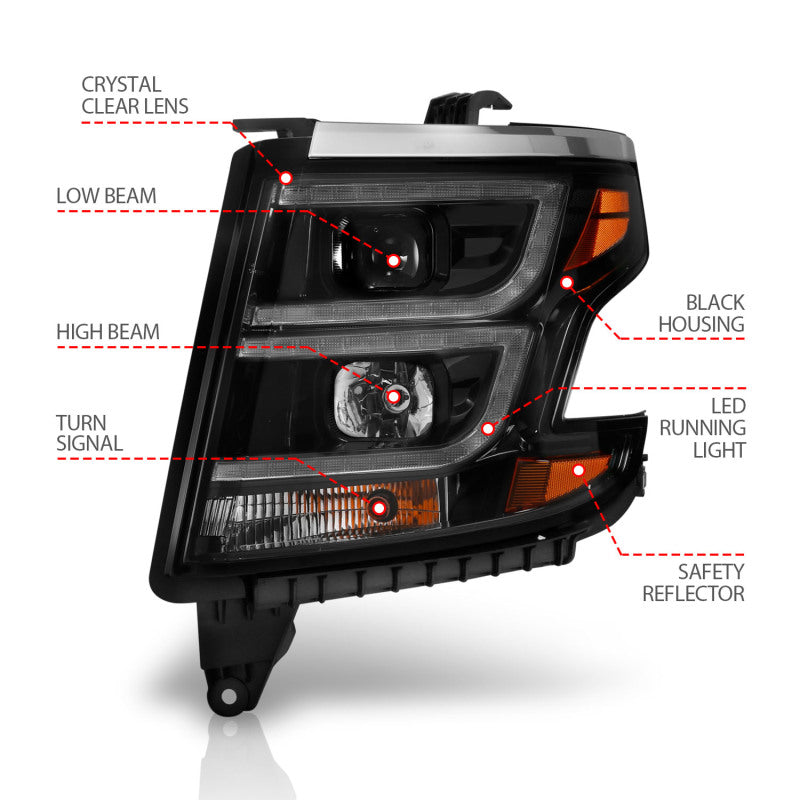 ANZO 2015-2020 Chevy Tahoe Projector Headlights Plank Style Black w/DRL - Burkken Auto Parts