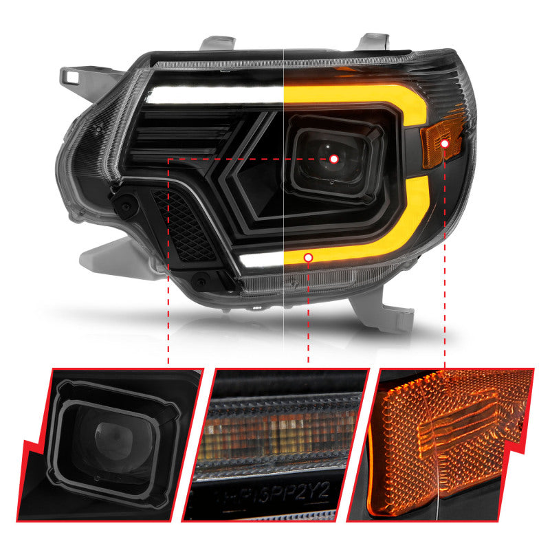 ANZO 12-15 Toyota Tacoma Projector Headlights - w/ Light Bar Switchback Black Housing - Burkken Auto Parts