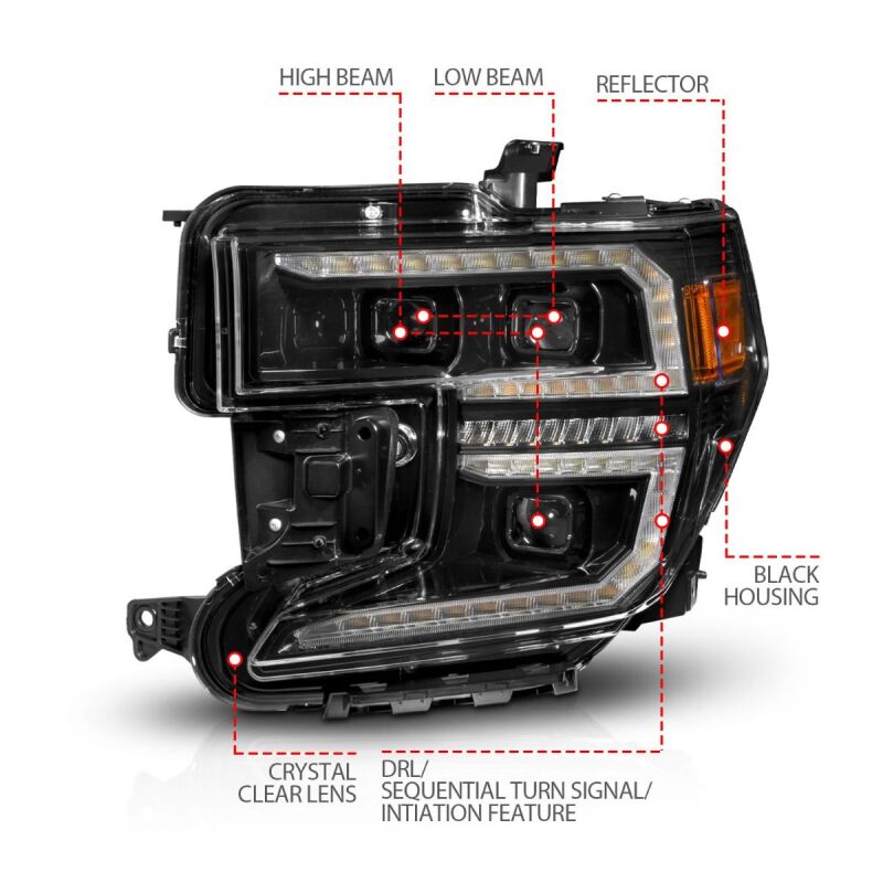 ANZO 19-21 GMC Sierra 1500 LED Projector Headlight w/Switchback+Sequential - Black - Burkken Auto Parts