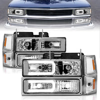 ANZO 88-98 Chevrolet C1500 Crystal Headlights w/Light Bar Chrome Housing w/ Signal Side Markers 8Pcs - Burkken Auto Parts