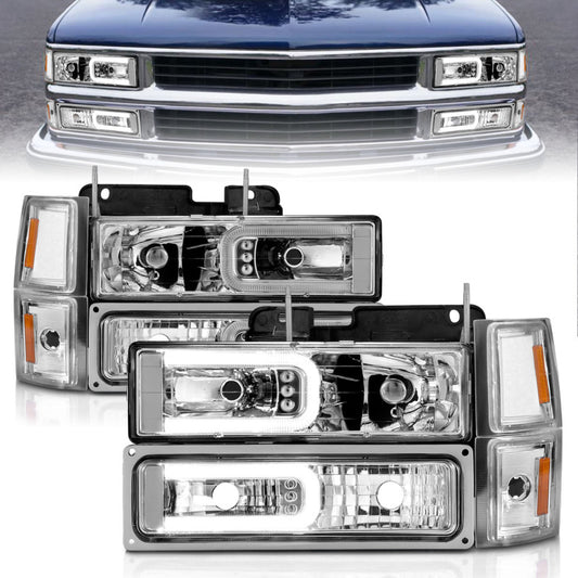 ANZO 88-98 Chevrolet C1500 Crystal Headlights w/Light Bar Chrome Housing w/ Signal Side Markers 8Pcs - Burkken Auto Parts