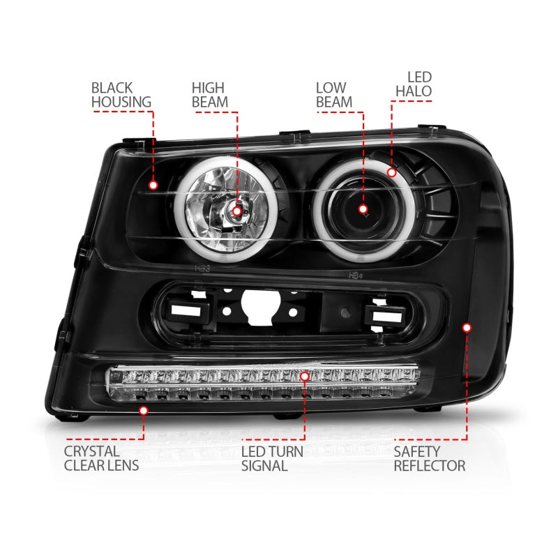 ANZO 2002-2009 Chevrolet Trailblazer Projector Headlights w/ Halo Black - Burkken Auto Parts