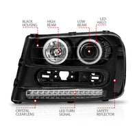 ANZO 2002-2009 Chevrolet Trailblazer Projector Headlights w/ Halo Black - Burkken Auto Parts