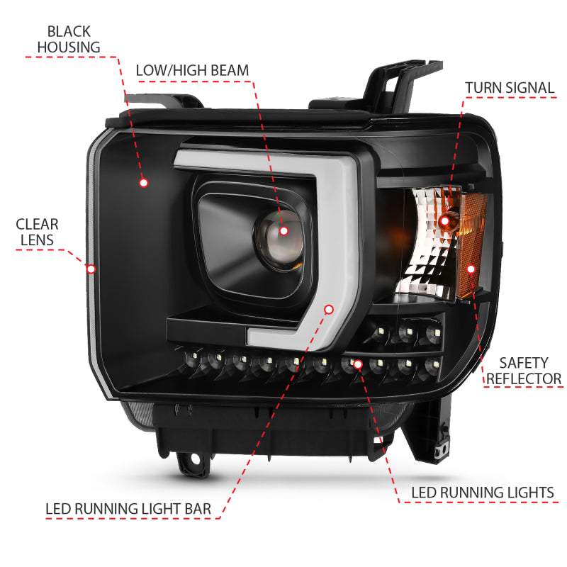 ANZO 2014-2015 GMC Sierra 1500HD Projector Plank Style Headlight Black W/ DRL - Burkken Auto Parts
