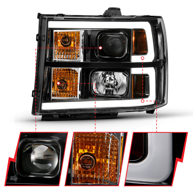 ANZO 2007-2013 GMC Sierra 1500 Projector Headlight Plank Style Black w/ Clear Lens Amber - Burkken Auto Parts